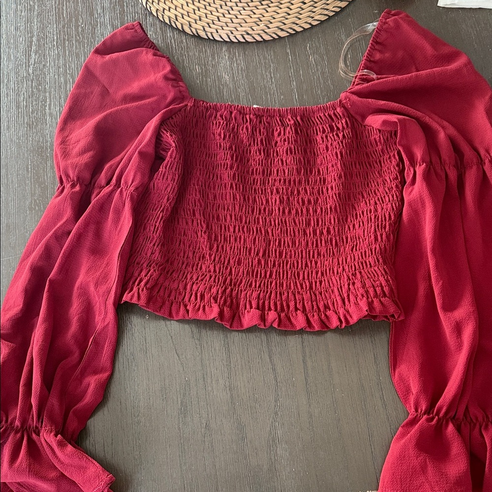 Windsor Burgundy Smocked Blouse with Puff Sleeves